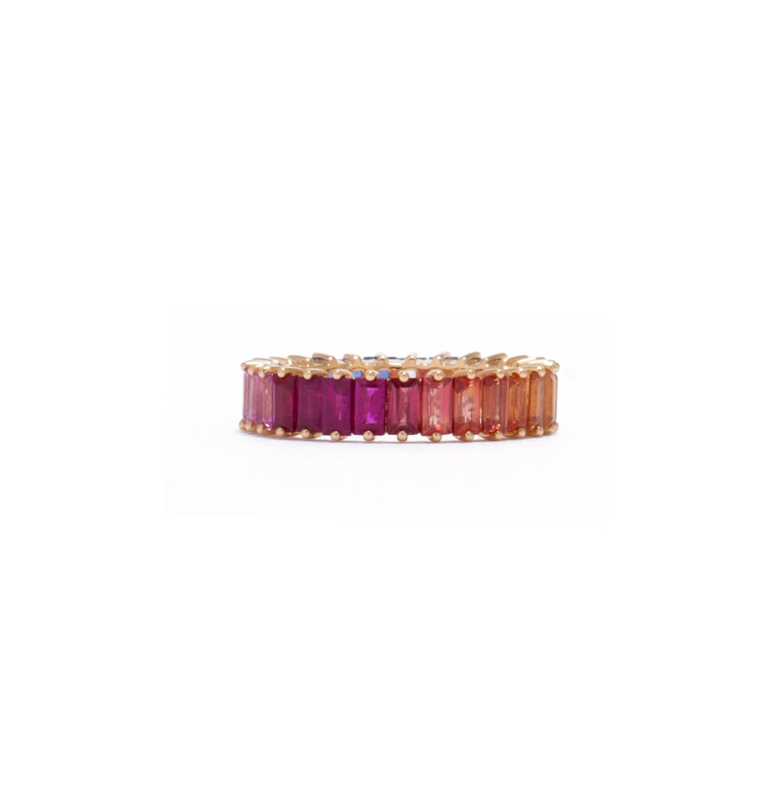 Rainbow sapphire baguettes ring in 18k yellow gold