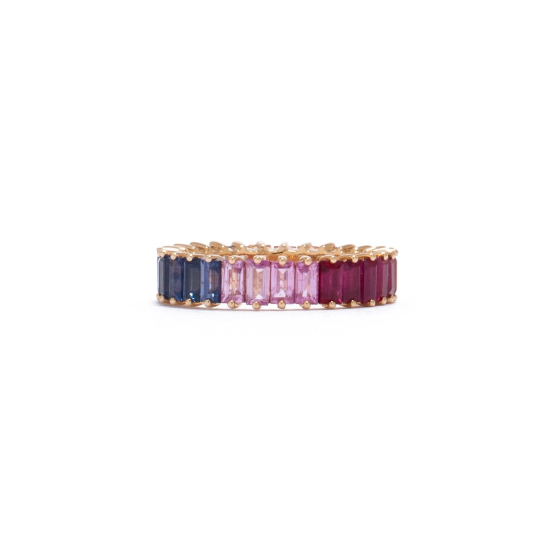 Rainbow sapphire baguettes ring in 18k yellow gold