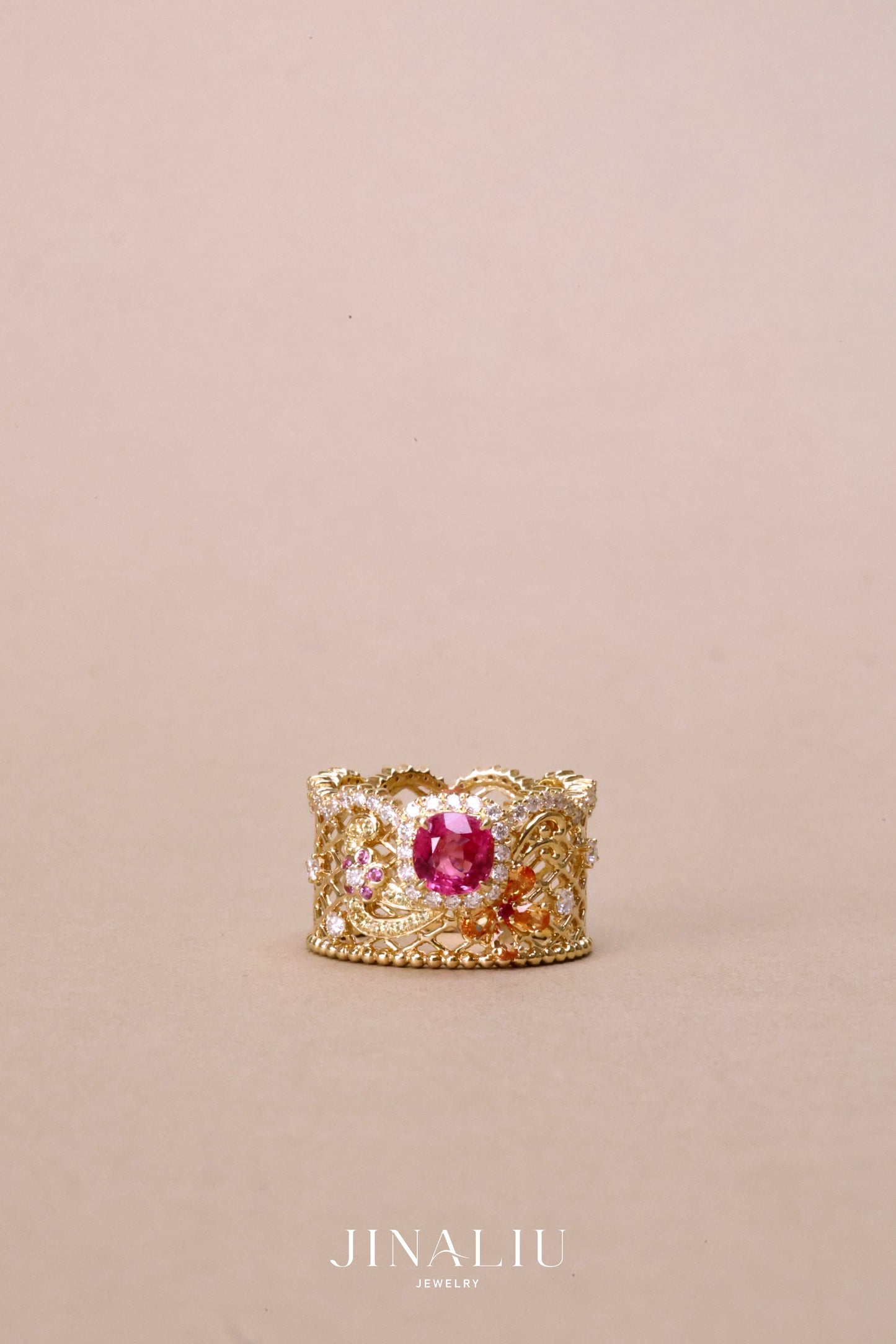 Delicate floral lace ring in 18k yellow gold with hot pink spinel and color sapphires