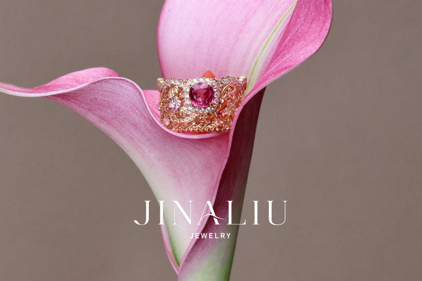 Delicate floral lace ring in 18k yellow gold with hot pink spinel and color sapphires