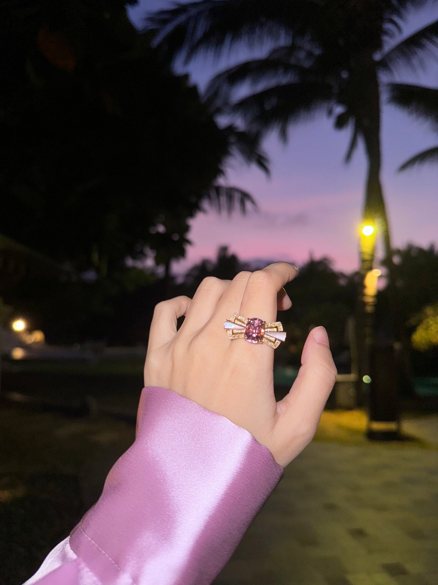 Art deco lotus pink tourmaline ring in 18k yellow gold with mother of pearl and diamond