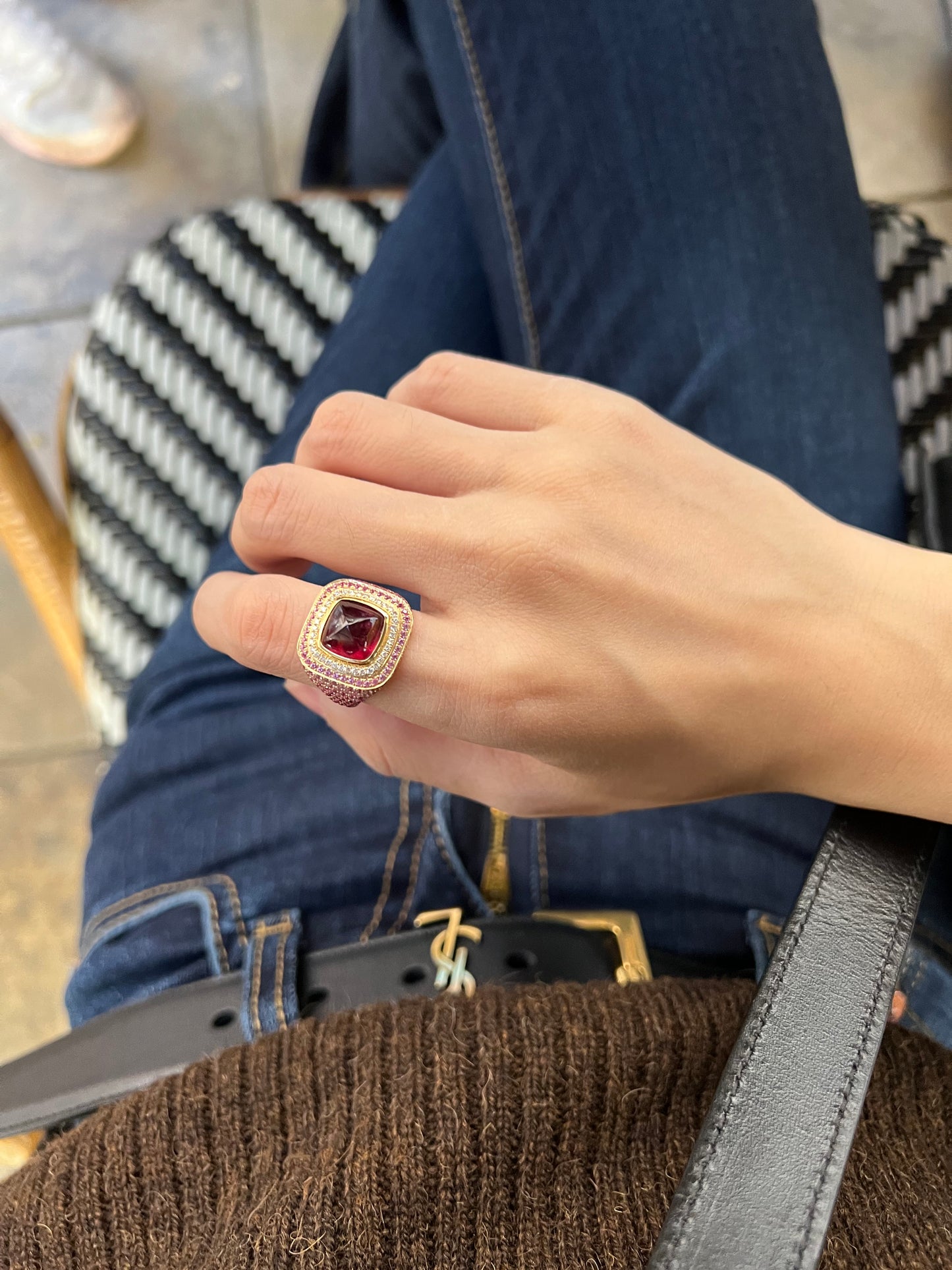 Rubellite tourmaline ring in 18k yellow gold with diamonds and pink sapphires