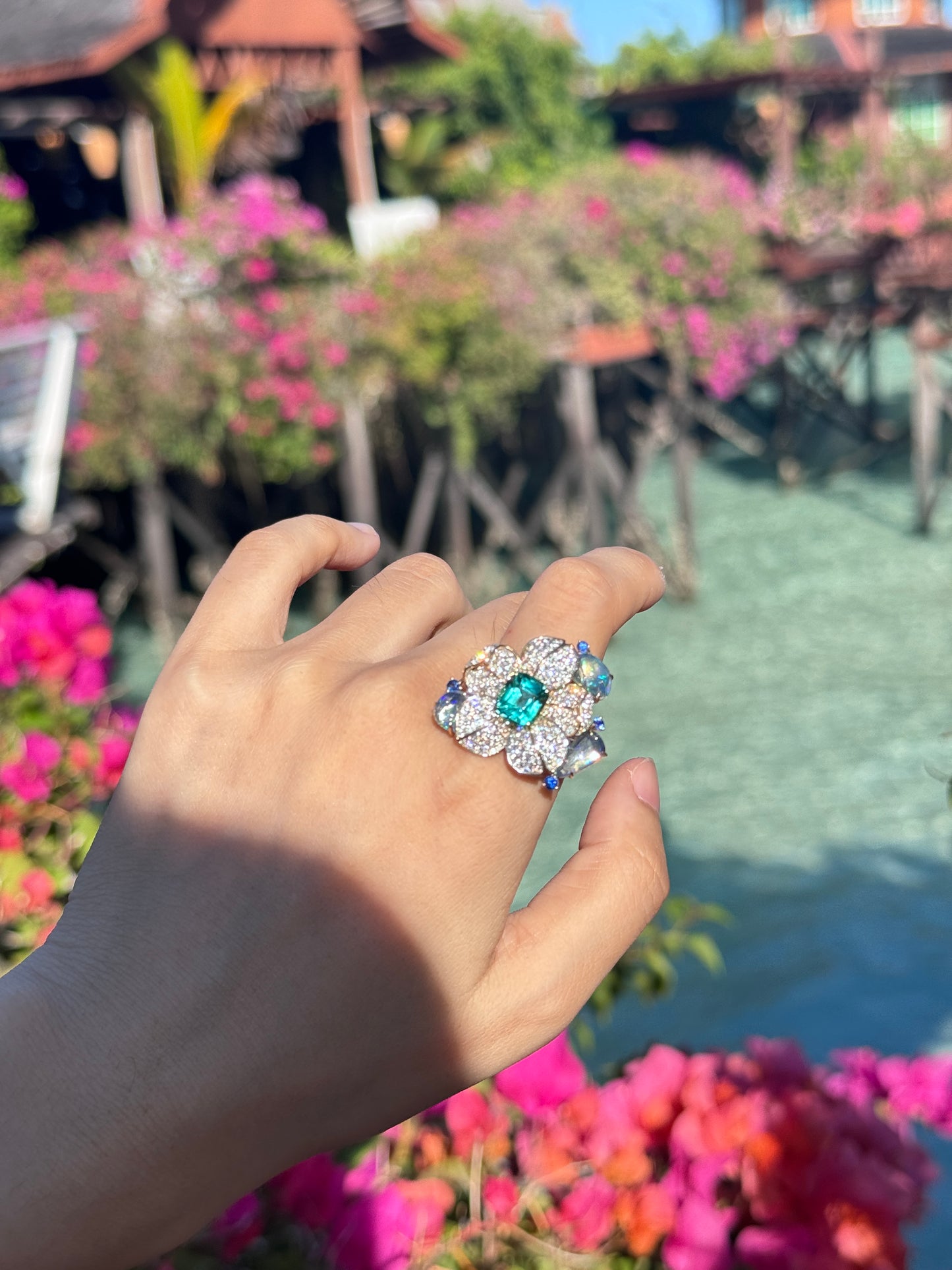 Lagoon tulip flower ring in 18k yellow gold with opal, diamond and sapphire