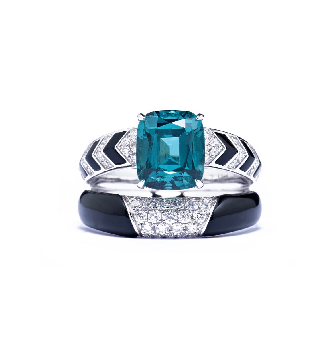 Art deco lagoon tourmaline ring in 18k white gold with black chalcedony and diamond