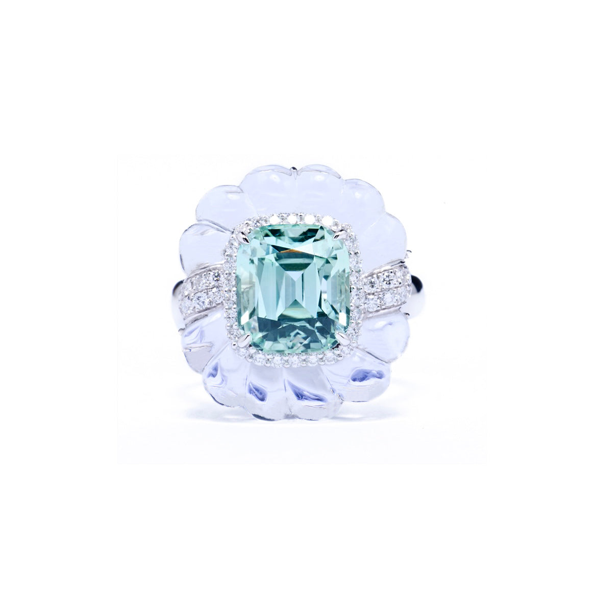 Mint green tourmaline and rock crystal ring in 18k white gold with diamond