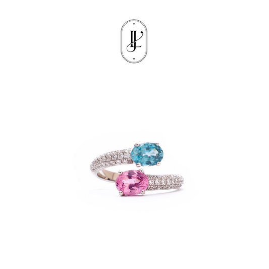 Toi et moi spinel and blue zircon ring in 18 white gold with diamond