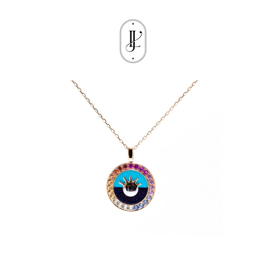 Turquoise pendant in 18k yellow gold with color sapphires