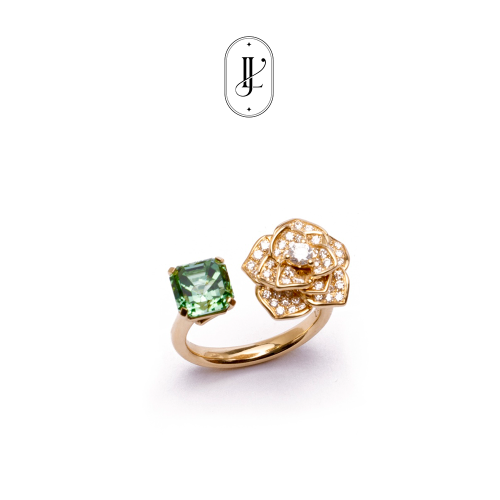 Tourmaline rose ring in 18k yellow gold with diamond