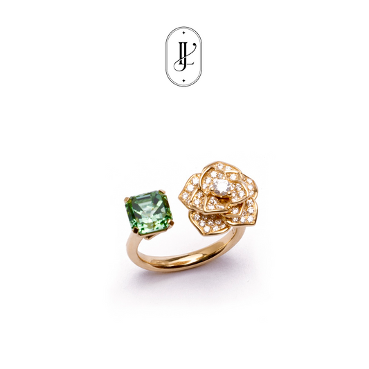 Tourmaline rose ring in 18k yellow gold with diamond