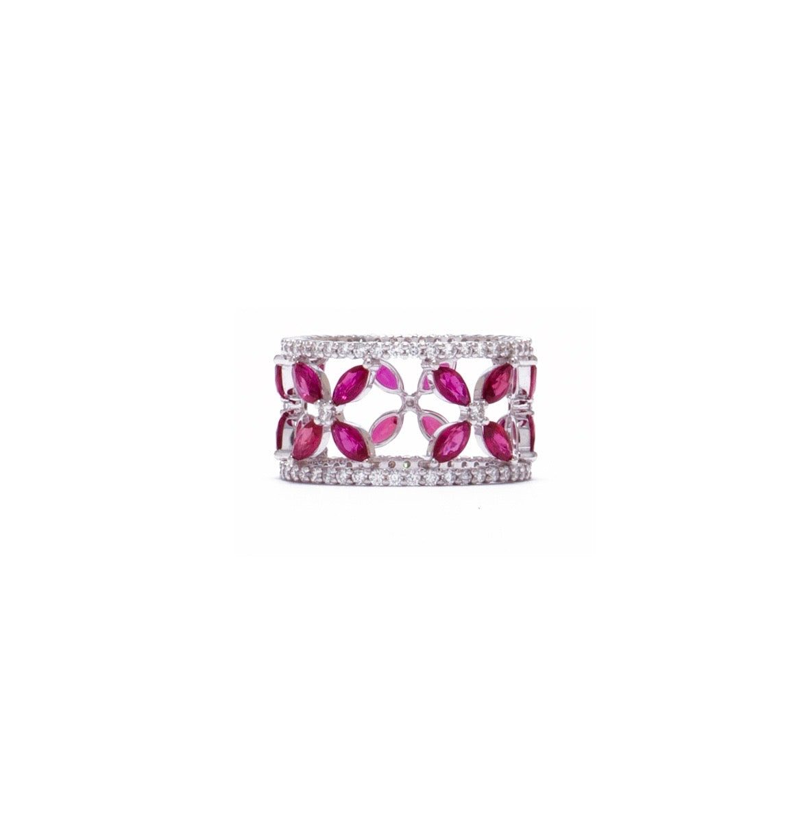 Marquise ruby flower and diamond ring in 18k white gold