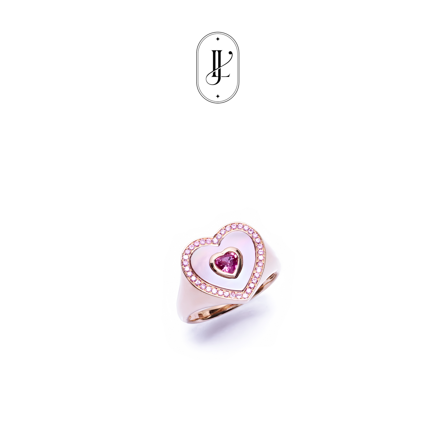 Ruby heart ring in 18k rose gold with mother of pearl and pink sapphire