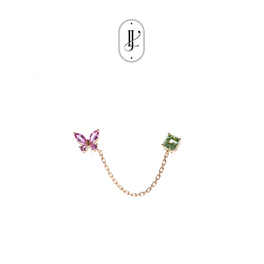 Bluish green tourmaline and pink sapphire butterfly earring in 18k yellow gold