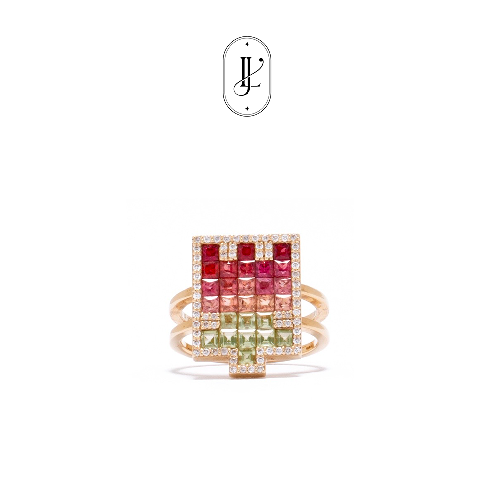 Padparadscha sapphire and green sapphire ring in 18k yellow gold