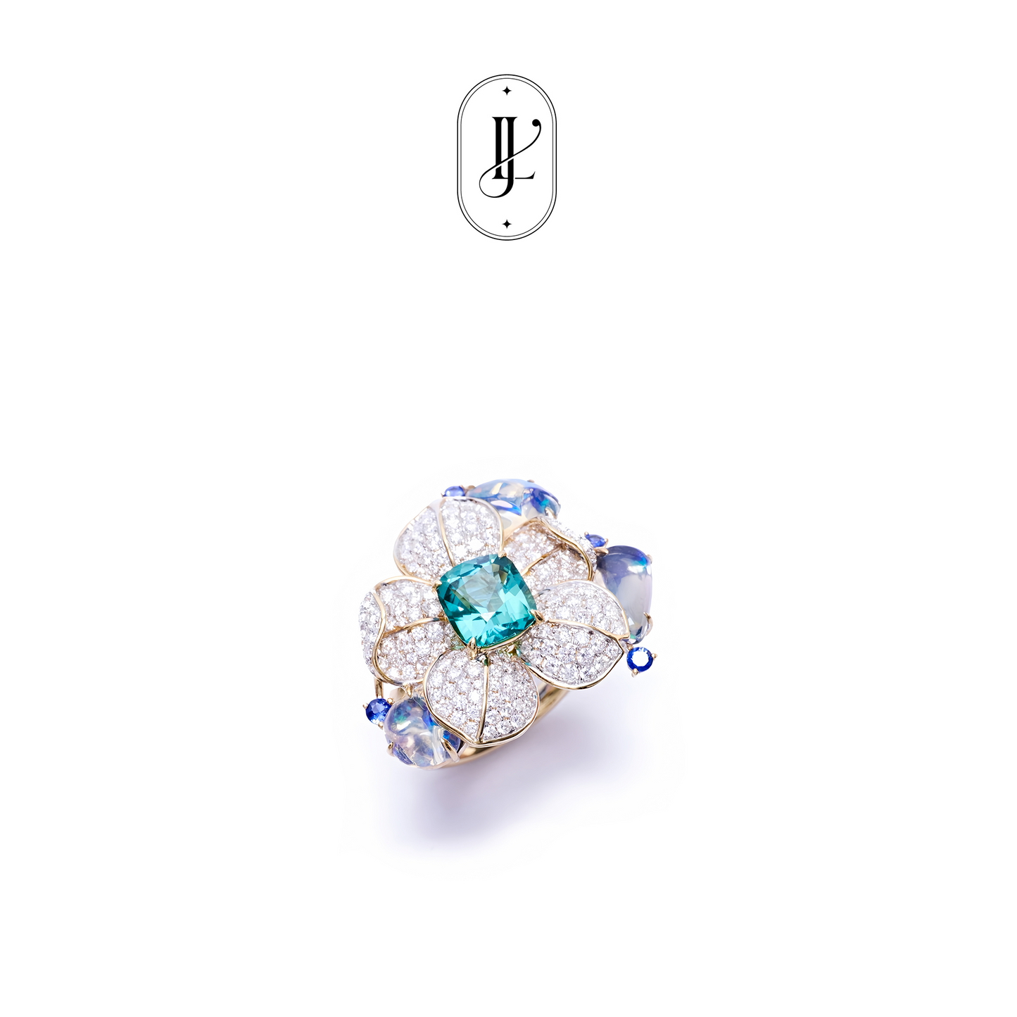 Lagoon tulip flower ring in 18k yellow gold with opal, diamond and sapphire