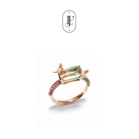 Tourmaline butterfly ring in 18k yellow gold with pink sapphire and emerald