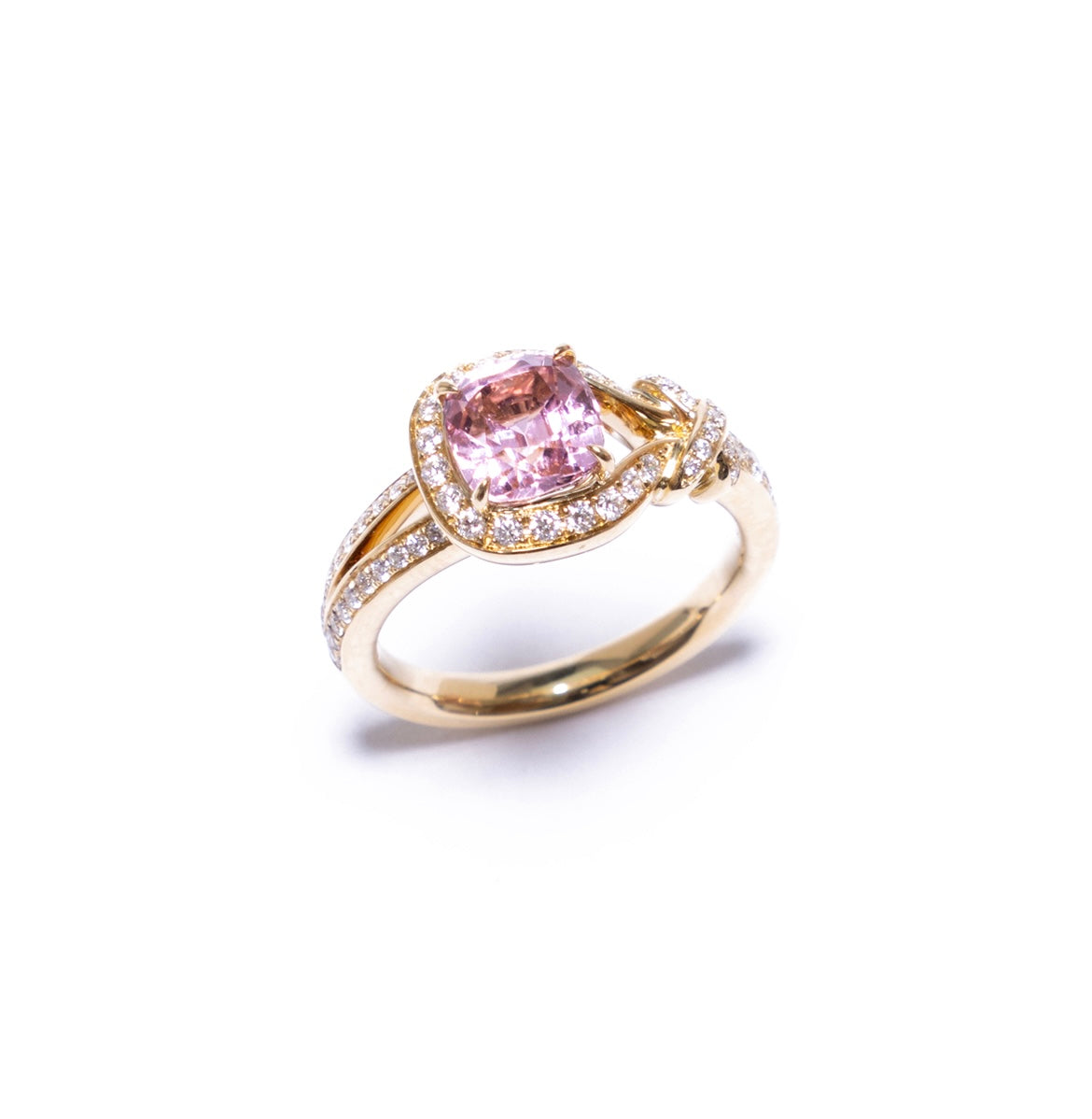 Double connection knot ring in 18k yellow gold with tourmaline and diamond