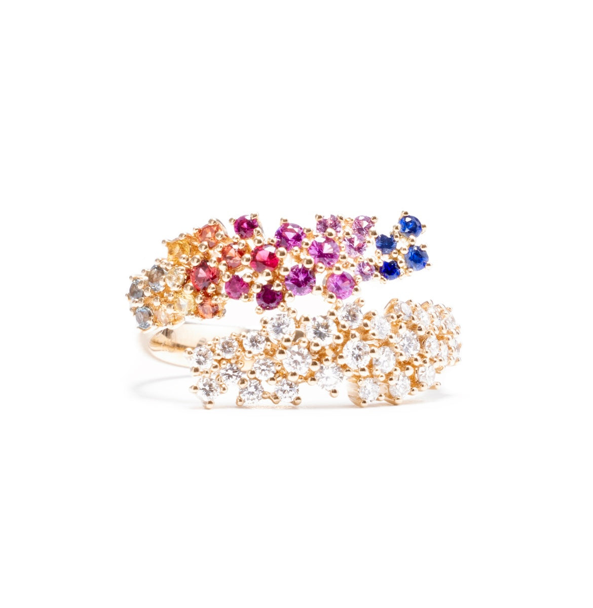 Rainbow sapphire and diamond ring in 18k yellow gold