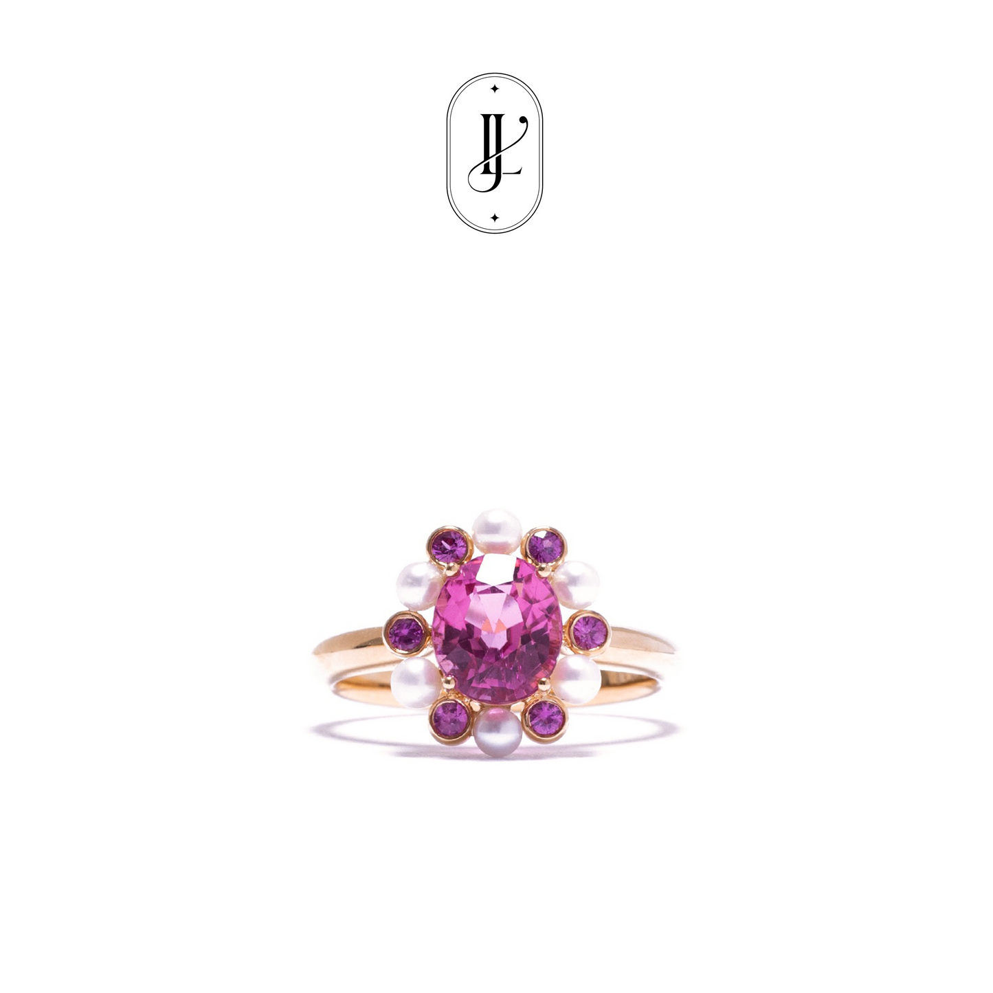 Pink tourmaline ring in 18k yellow gold with pearl and pink sapphire