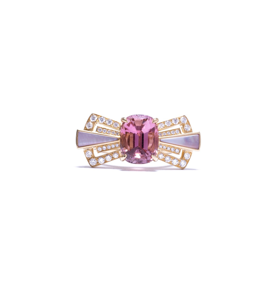 Art deco lotus pink tourmaline ring in 18k yellow gold with mother of pearl and diamond