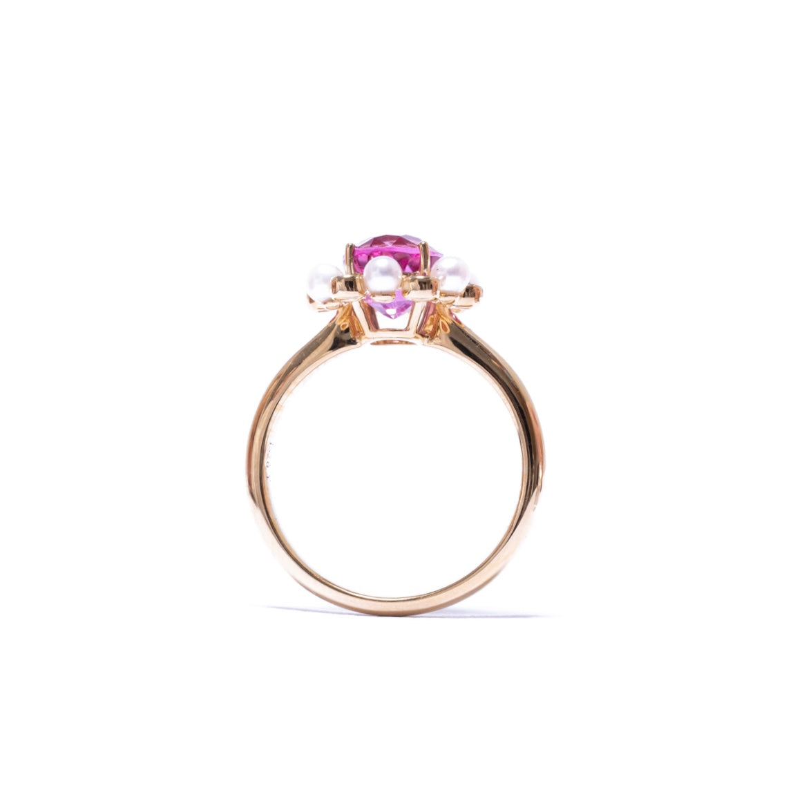 Pink tourmaline ring in 18k yellow gold with pearl and pink sapphire