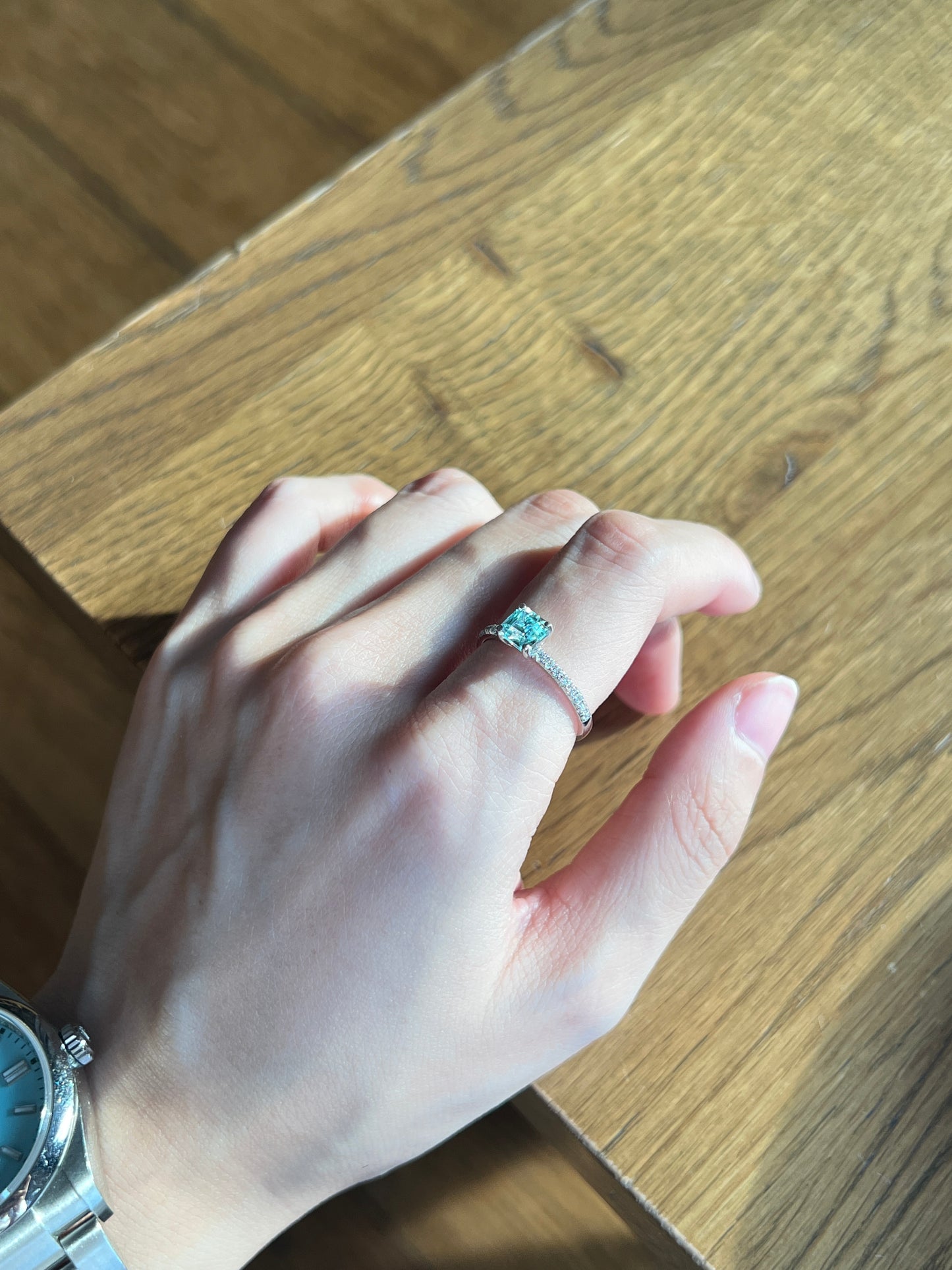 Blue tourmaline ring in white gold with pave diamonds