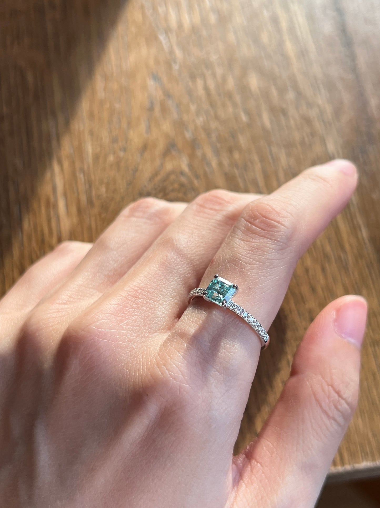 Blue tourmaline ring in white gold with pave diamonds