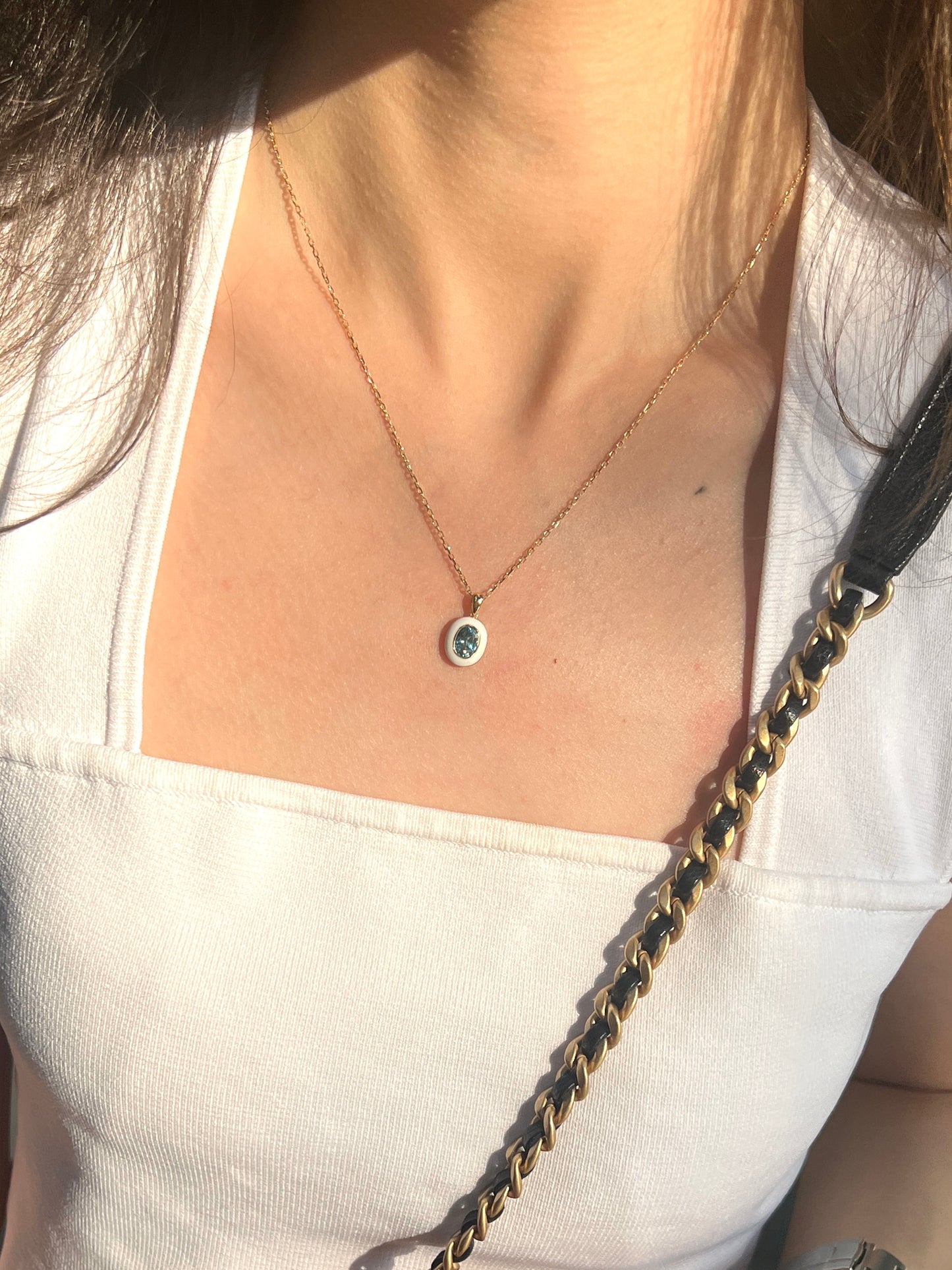 Natural blue zircon enamel necklace in 18k yellow gold