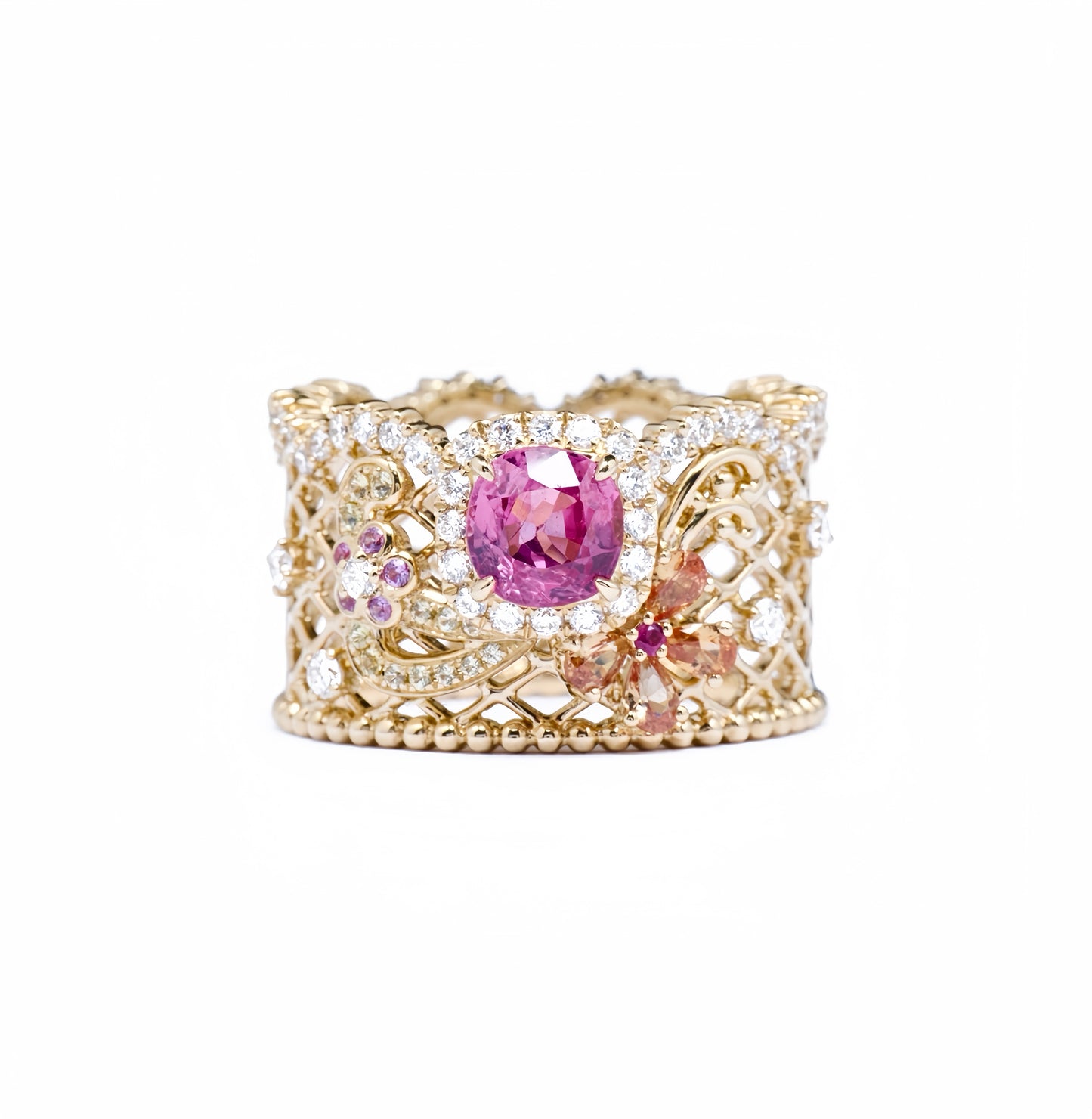 Delicate floral lace ring in 18k yellow gold with hot pink spinel and color sapphires