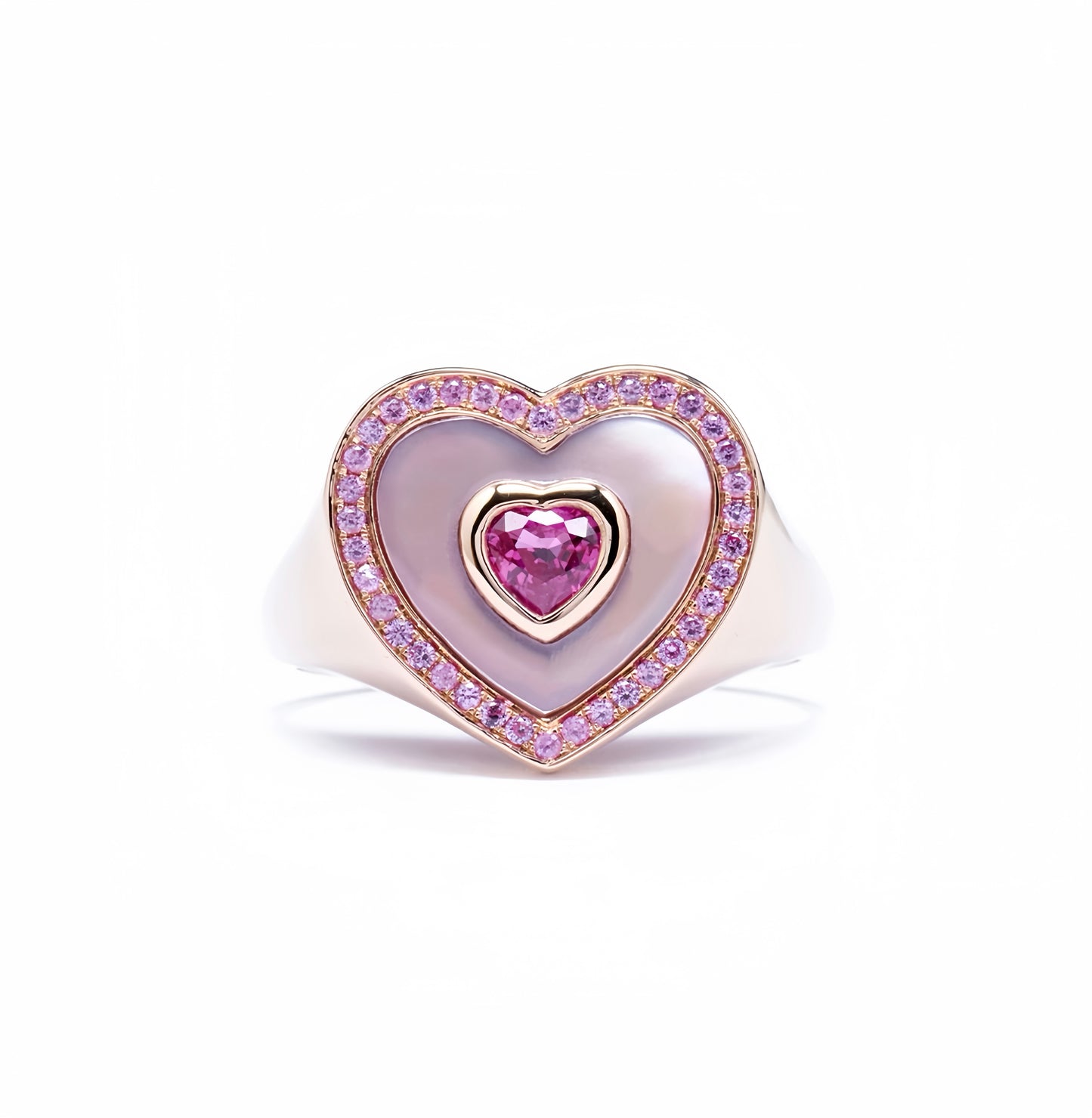 Ruby heart ring in 18k rose gold with mother of pearl and pink sapphire