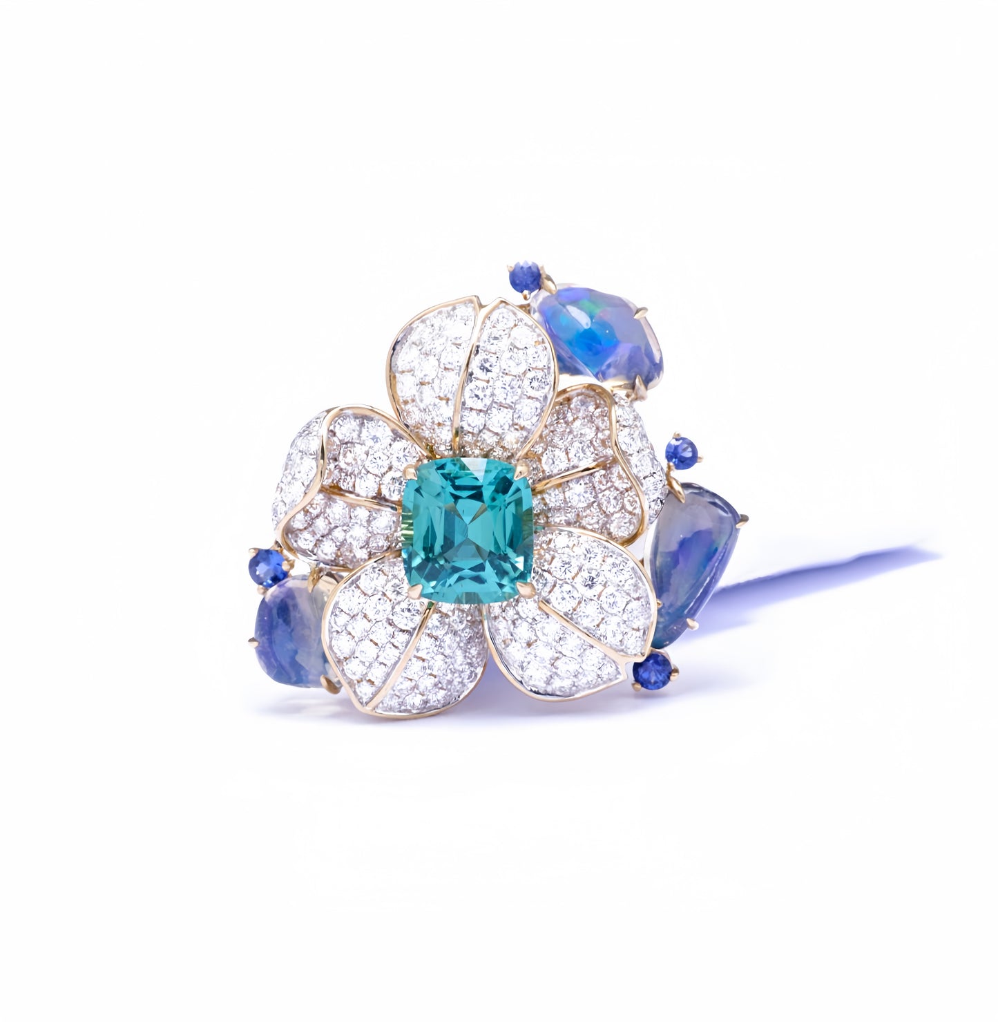 Lagoon tulip flower ring in 18k yellow gold with opal, diamond and sapphire