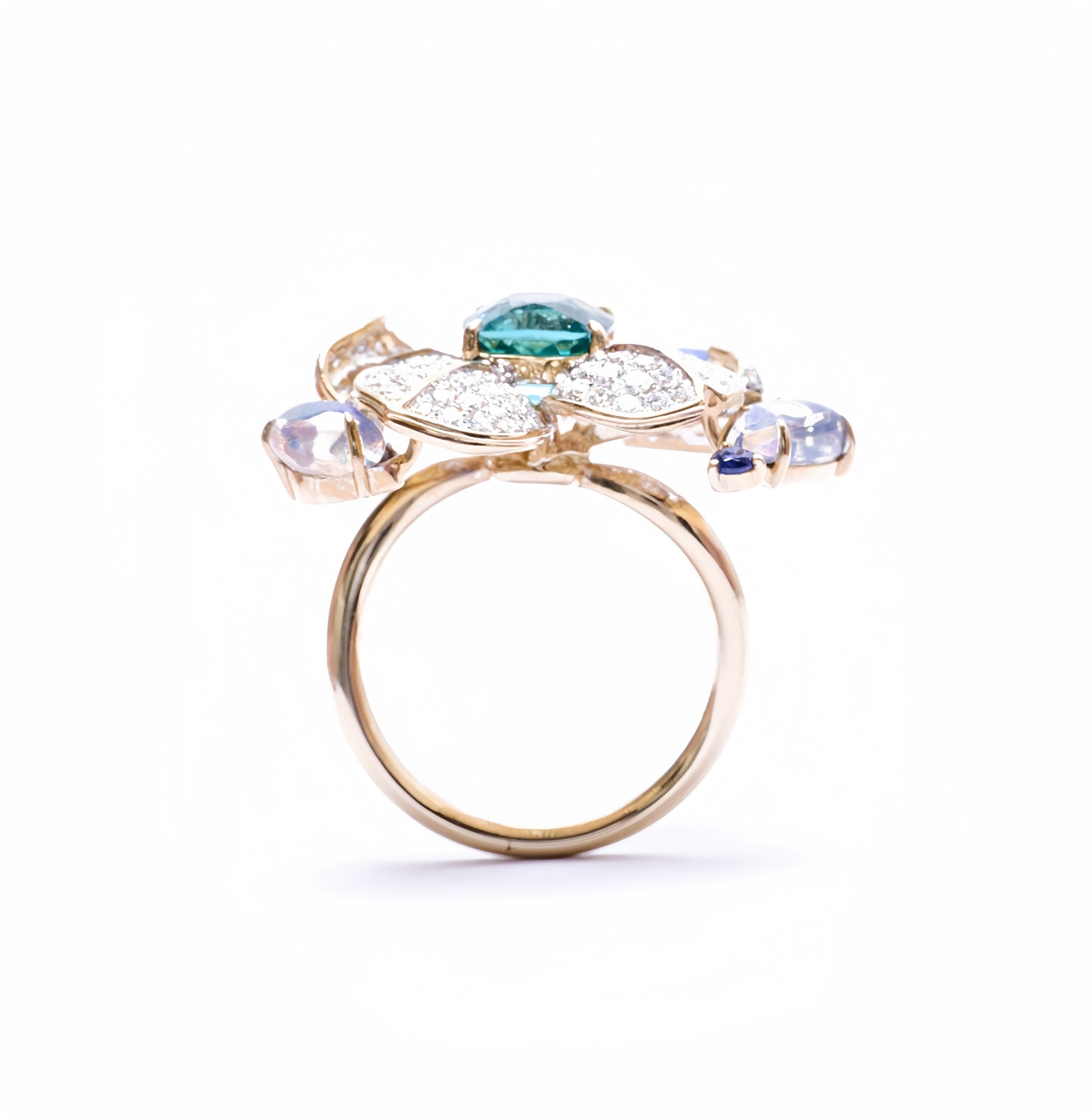 Lagoon tulip flower ring in 18k yellow gold with opal, diamond and sapphire