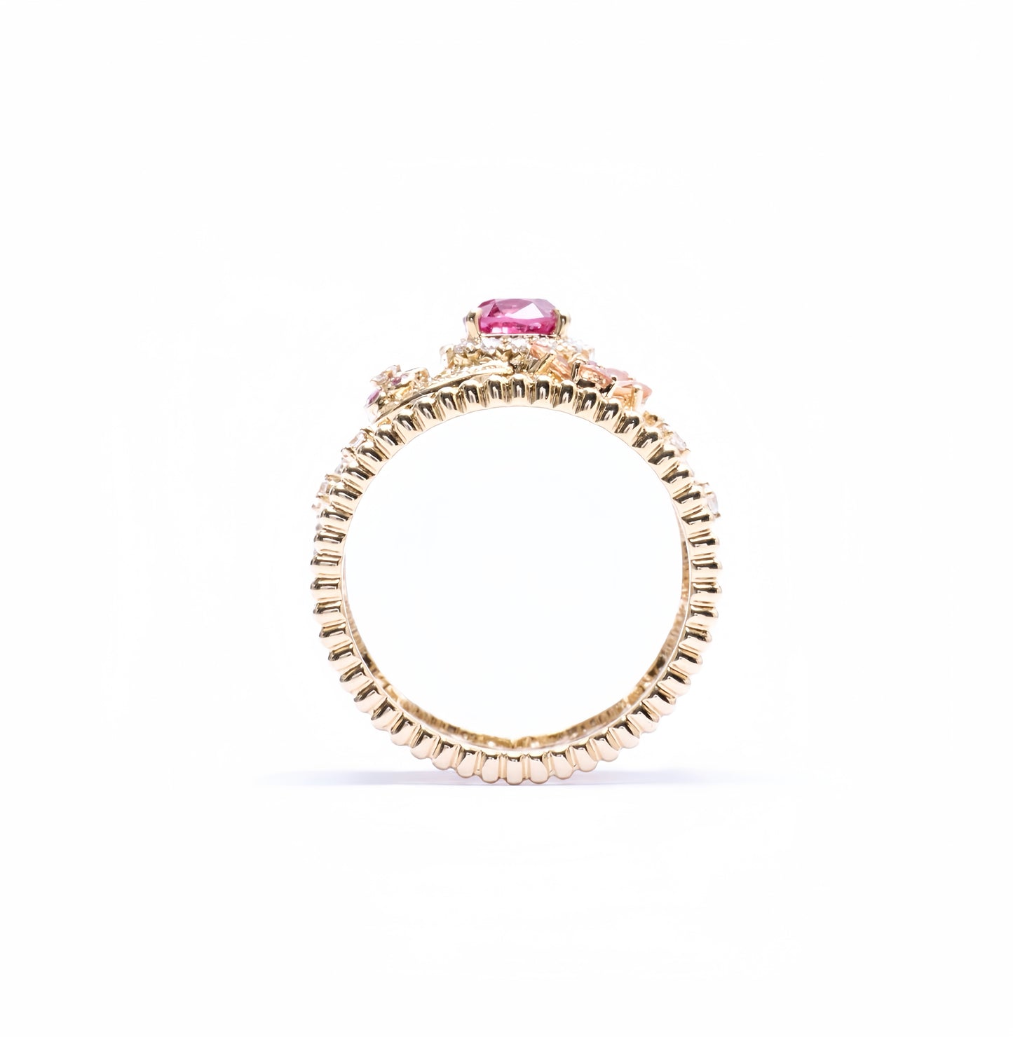 Delicate floral lace ring in 18k yellow gold with hot pink spinel and color sapphires