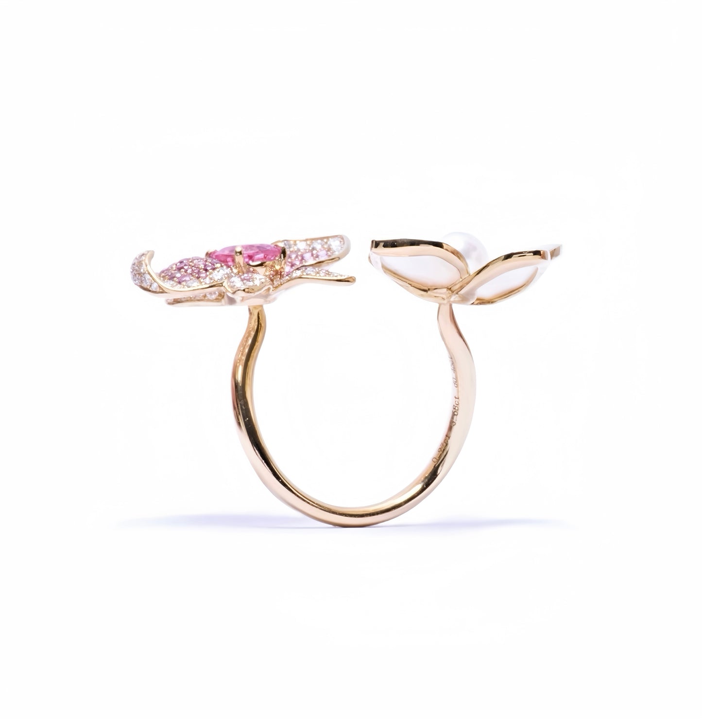 Butterfly orchid ring in 18k yellow gold with spinel and akoya